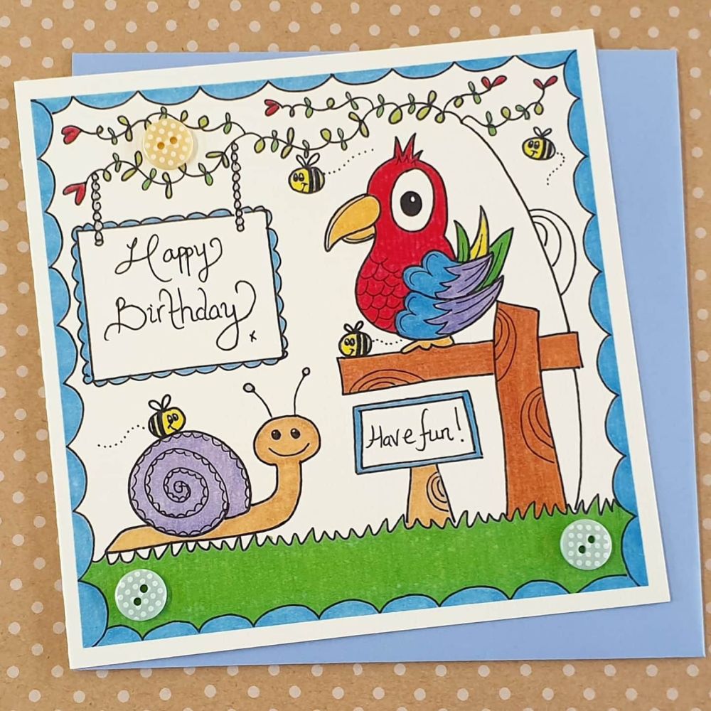 Bright Parrot and Cute Snail card