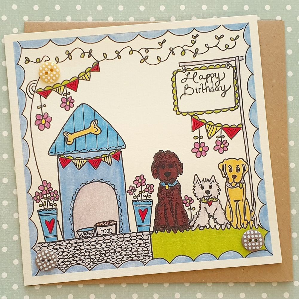 Dogs, cute blue kennel and bunting