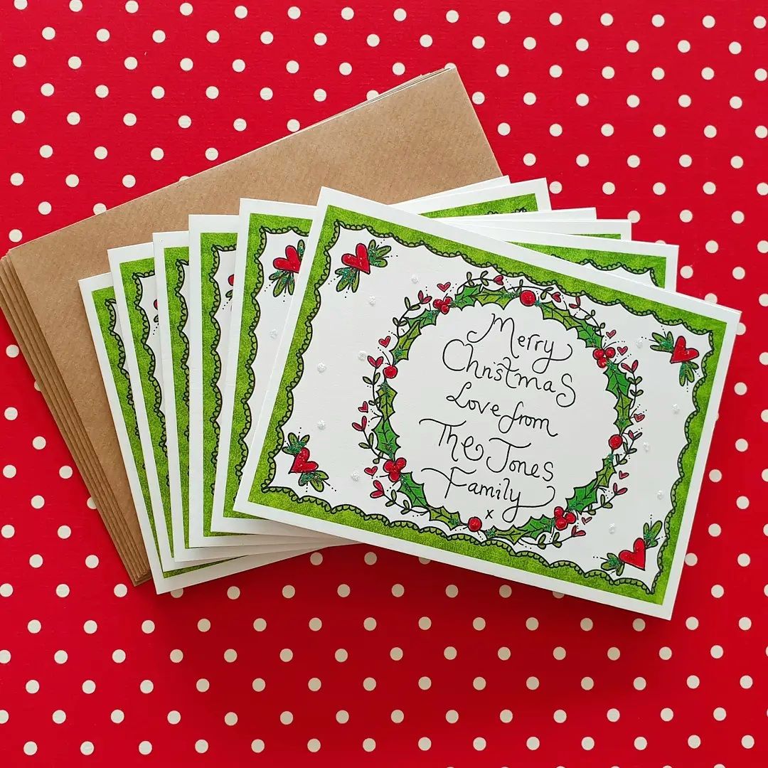 Holly Wreath and Love Hearts Christmas Card Pack