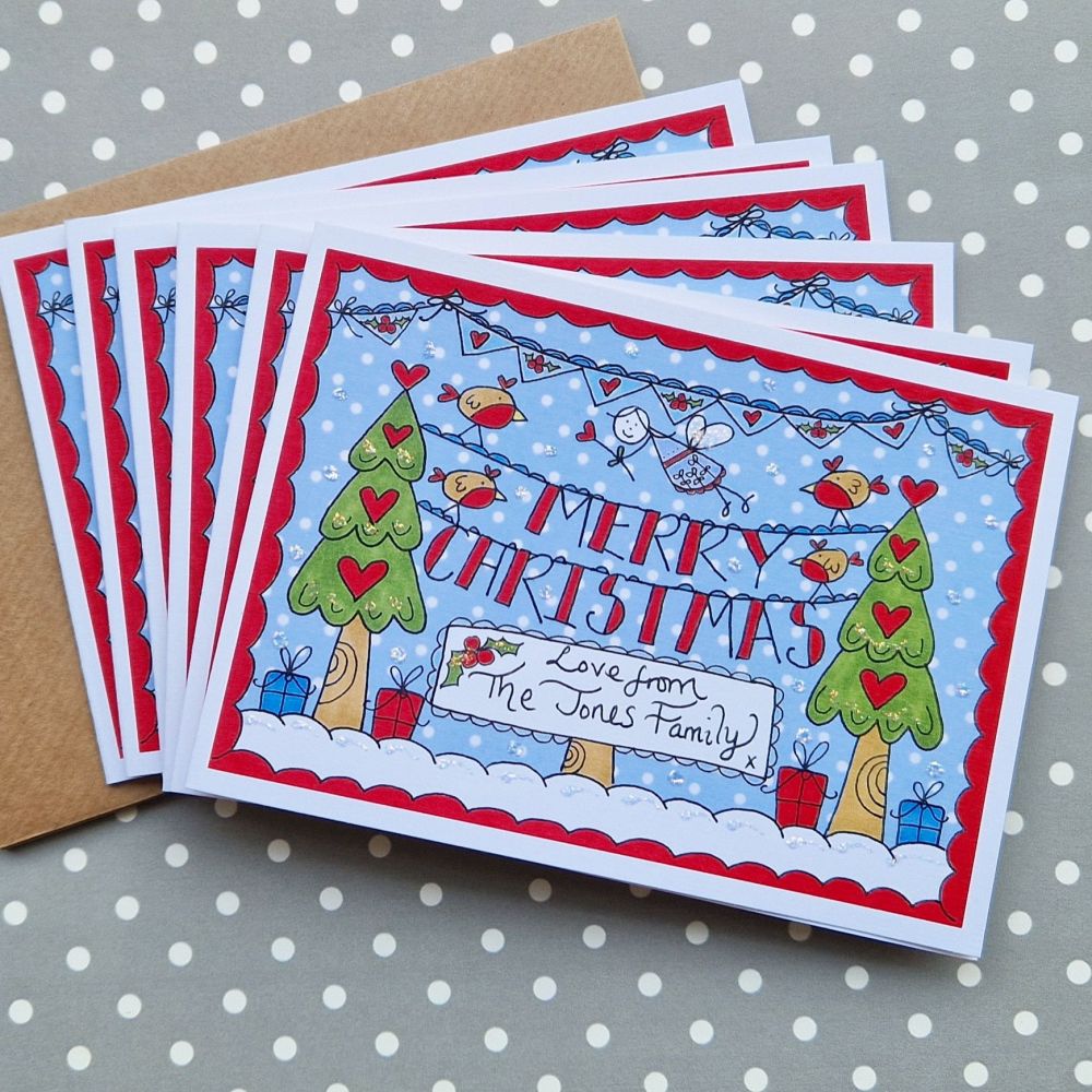 Merry Christmas Bunting, Fairy and Robins Christmas Card Pack
