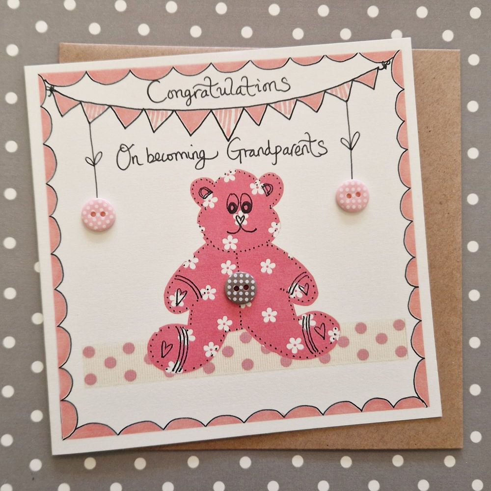 New Grandparent Card Pink Bear and Bunting