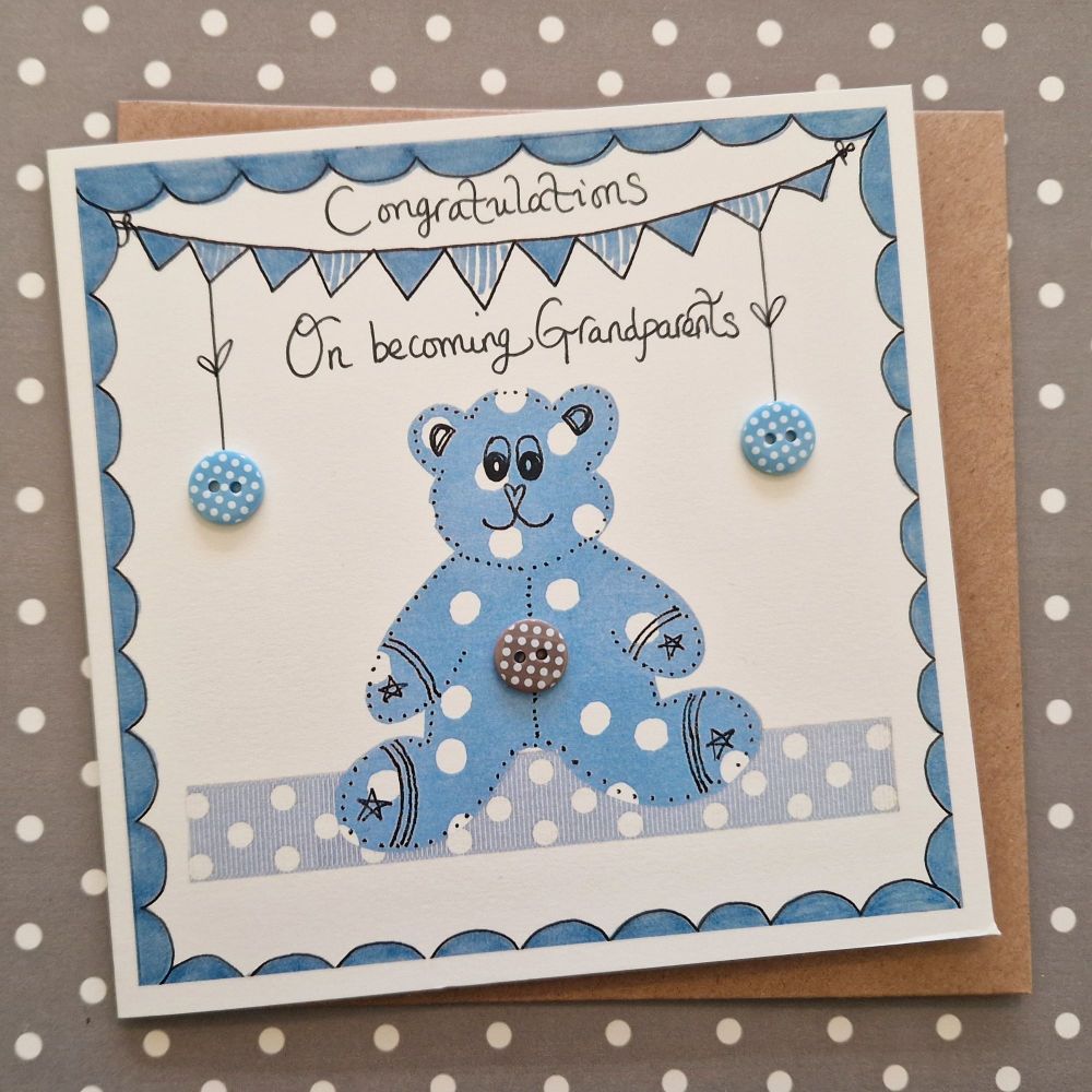 New Grandparent Card Blue Bear and Bunting