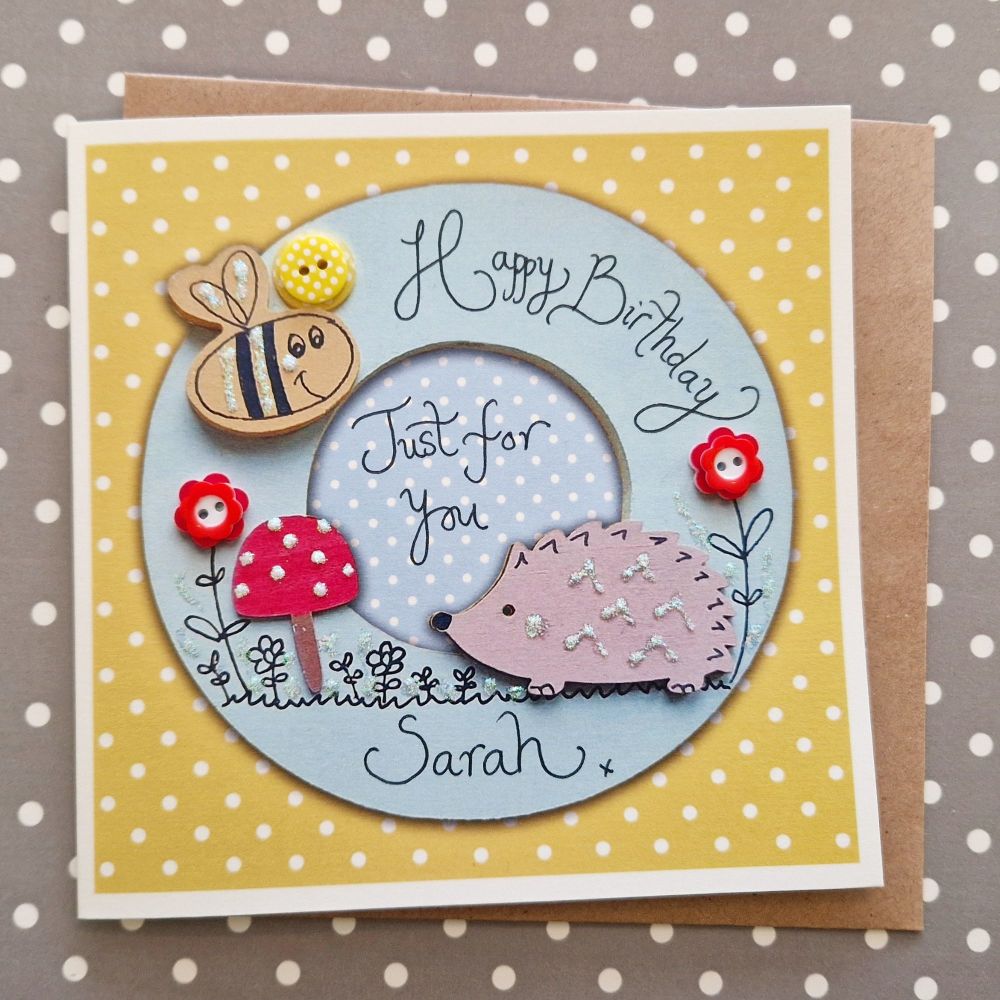Bee, Toadstool and Hedgehog Wreath Card