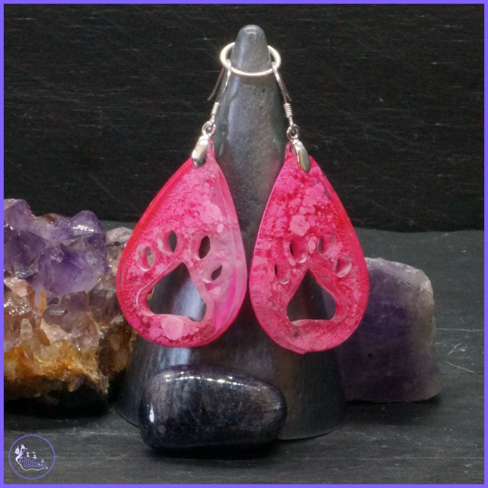 Pink Teardrop Paw Print Earrings.