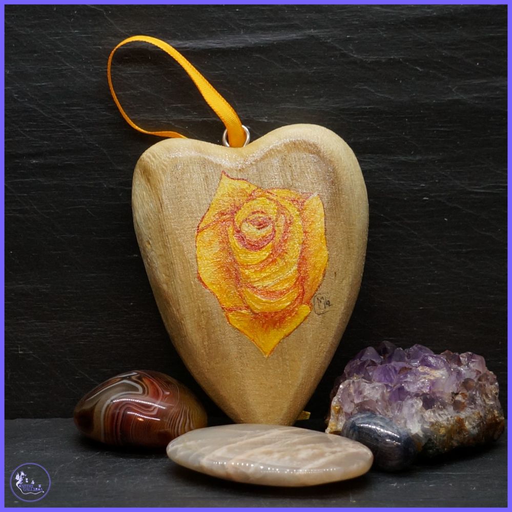 Yellow/Orange Rose on Wooden Heart.