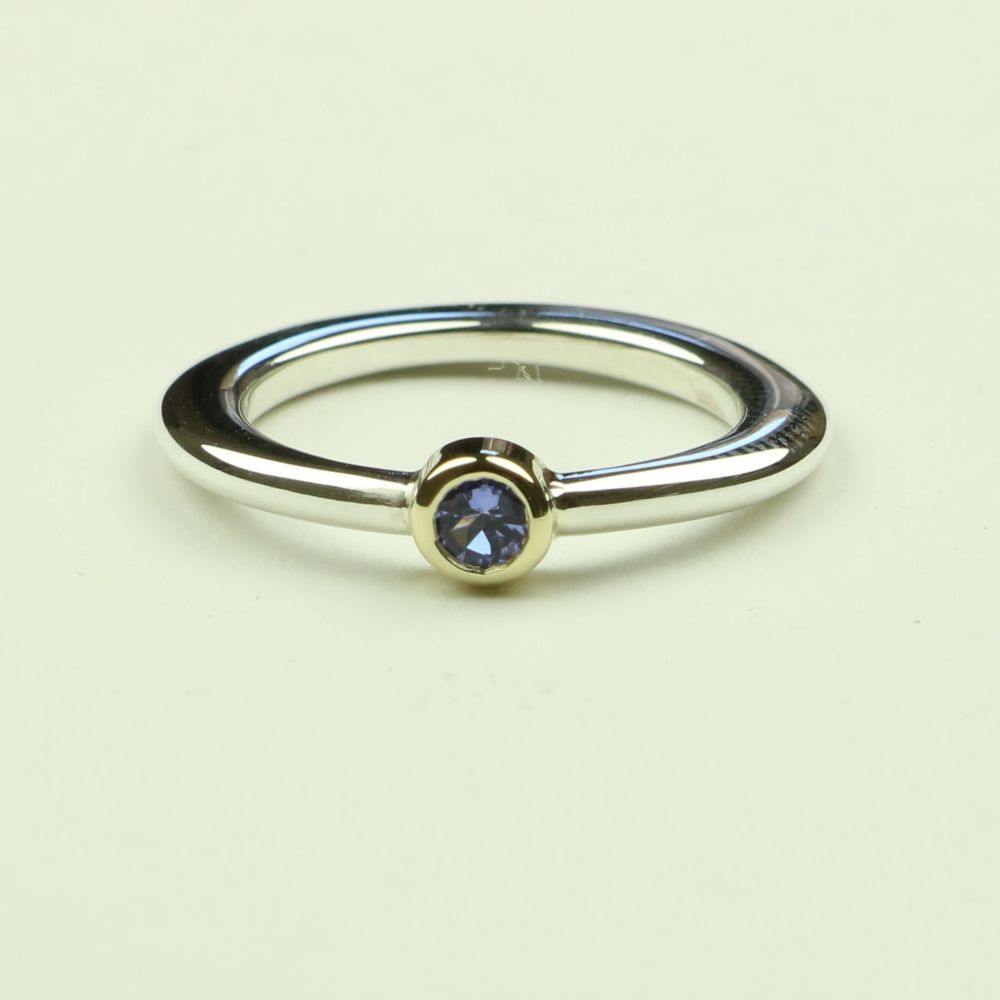 Halo Silver and Gold Ring with Tanzanite