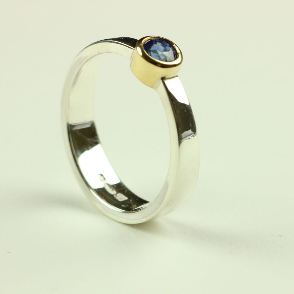 Taper Ring in Silver and Gold with Blue Sapphire