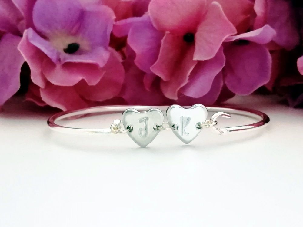 Two connected heart Charms Initial Bangle
