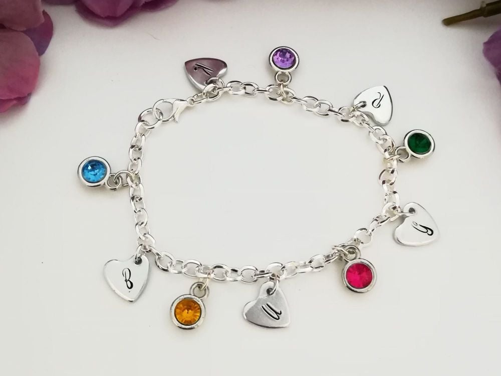 Bangle Charm Bracelet - hearts and birthstones - 5 Charms