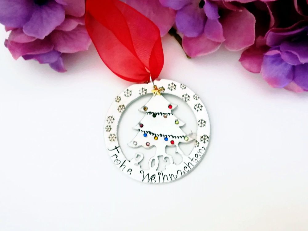 Christmas Tree - Ornament - handcut and handstamped - personalized