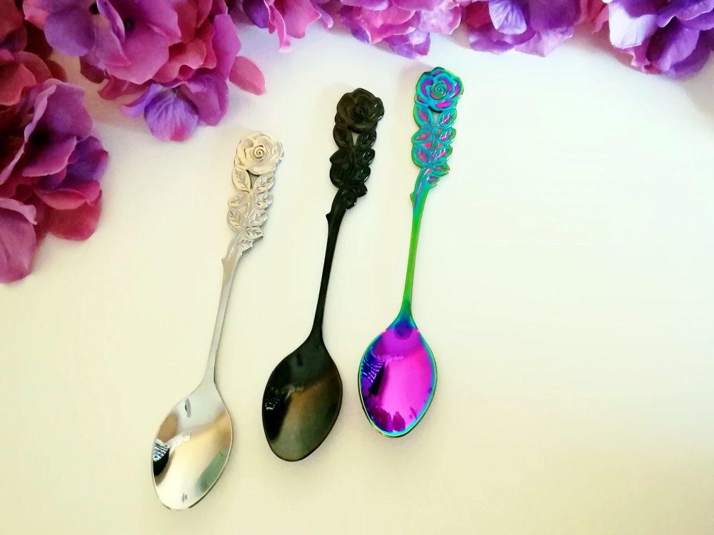 Rose Spoon - personalized spoon, trinket - Rainbow, Silver, Black