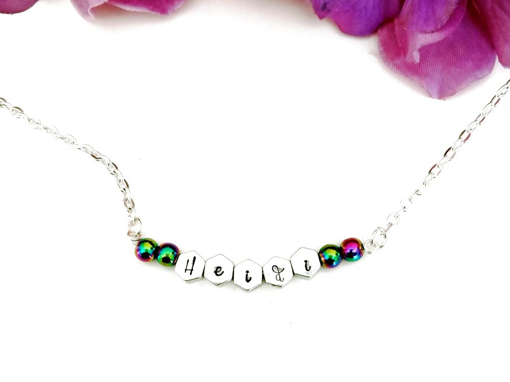 Hexagon Charm Necklace with Rainbow Colored Beads - Name Necklace