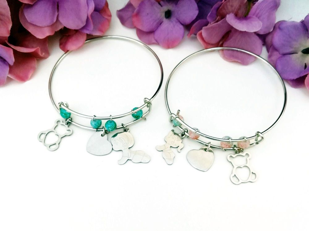 Bangle Bracelet with 3 Charms - Baby, Heart and Baer