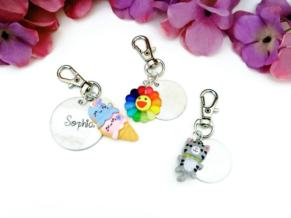 Cat, IceCream Cone or Rainbow Flower Zipper Charm with Name Tag - personali