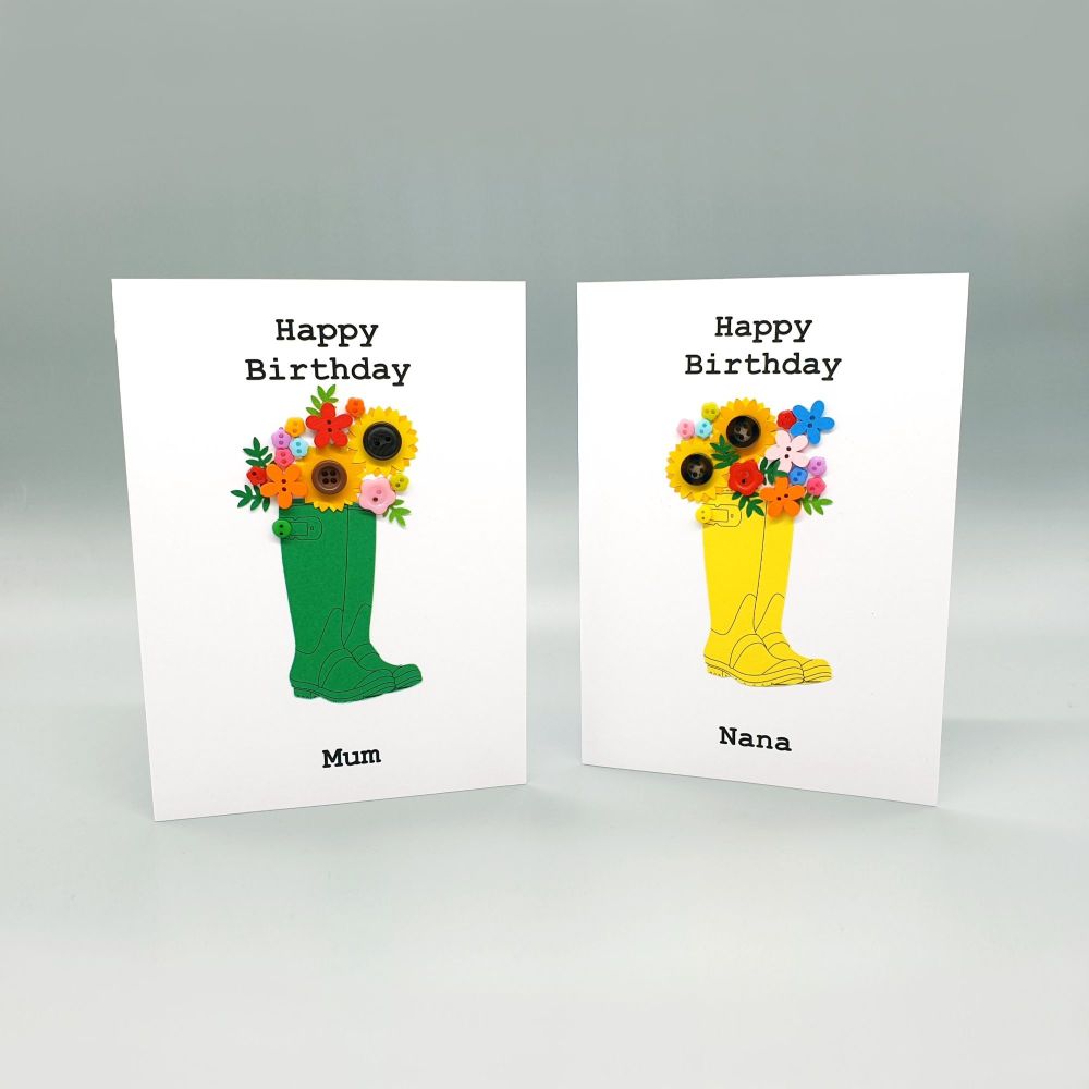Personalised Flower Boots Birthday Card