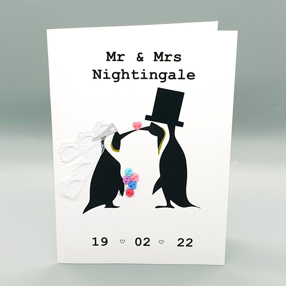 Personalised Wedding Penguins Tall Card