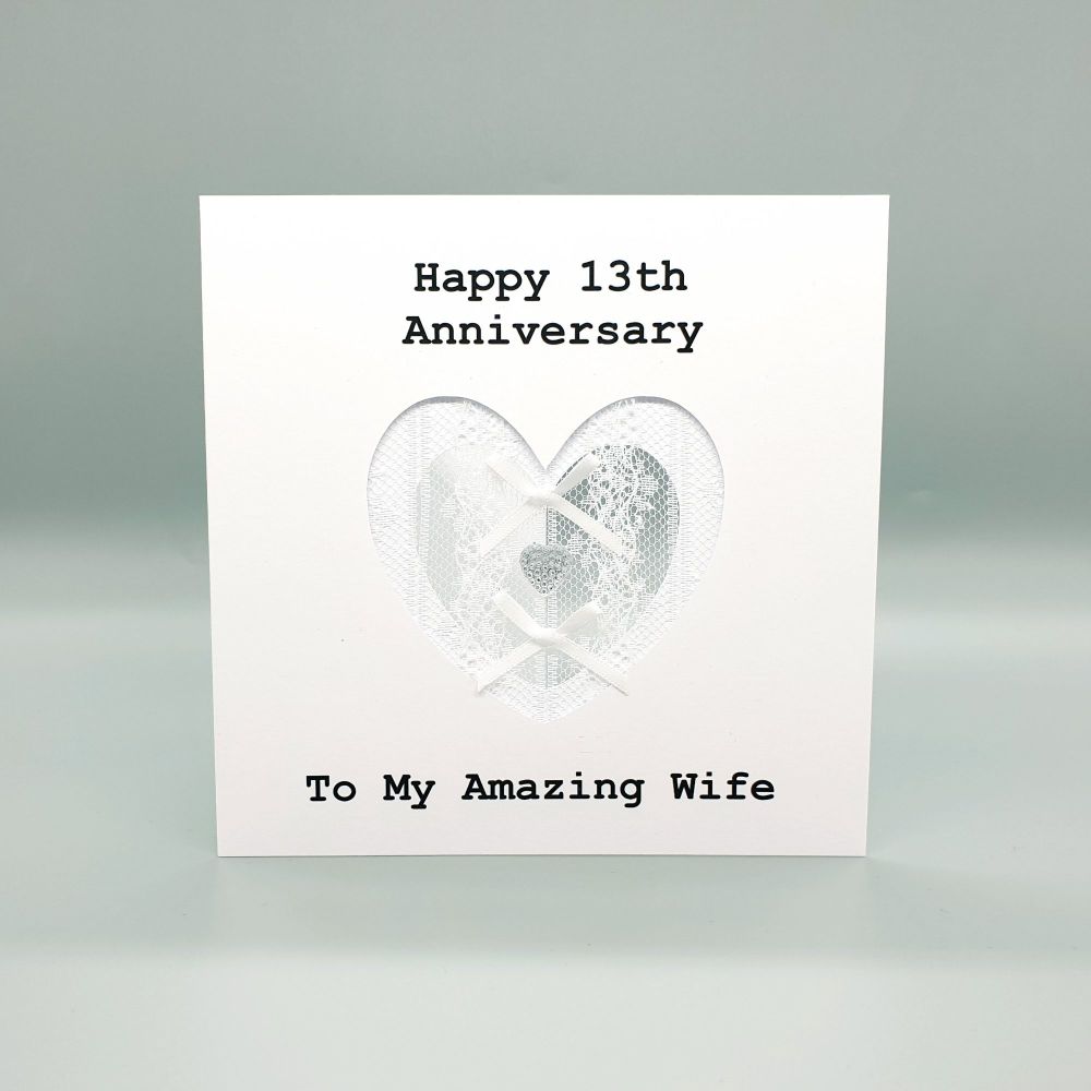 Personalised Lace Heart 13th Wedding Anniversary Card