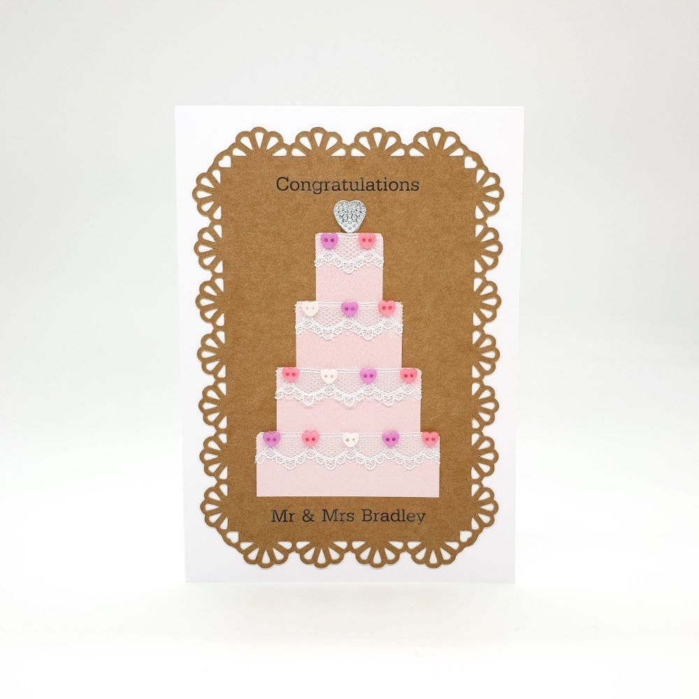 Personalised Pink Hearts Wedding Cake Card