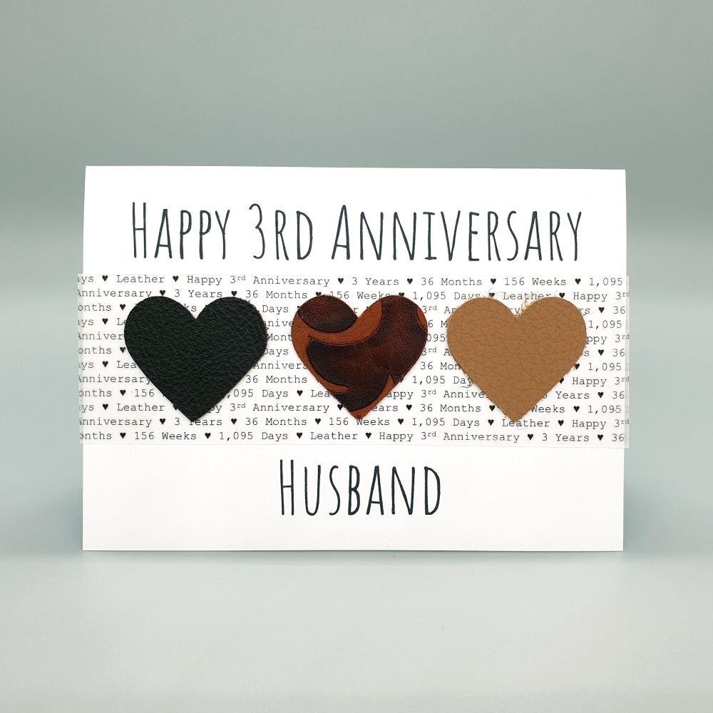 Personalised Leather Hearts 3rd Anniversary Card