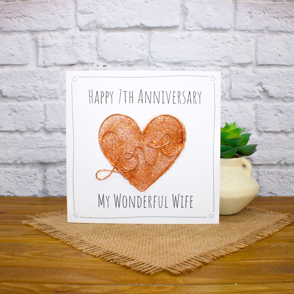 Personalised Copper Heart 7th Anniversary Card