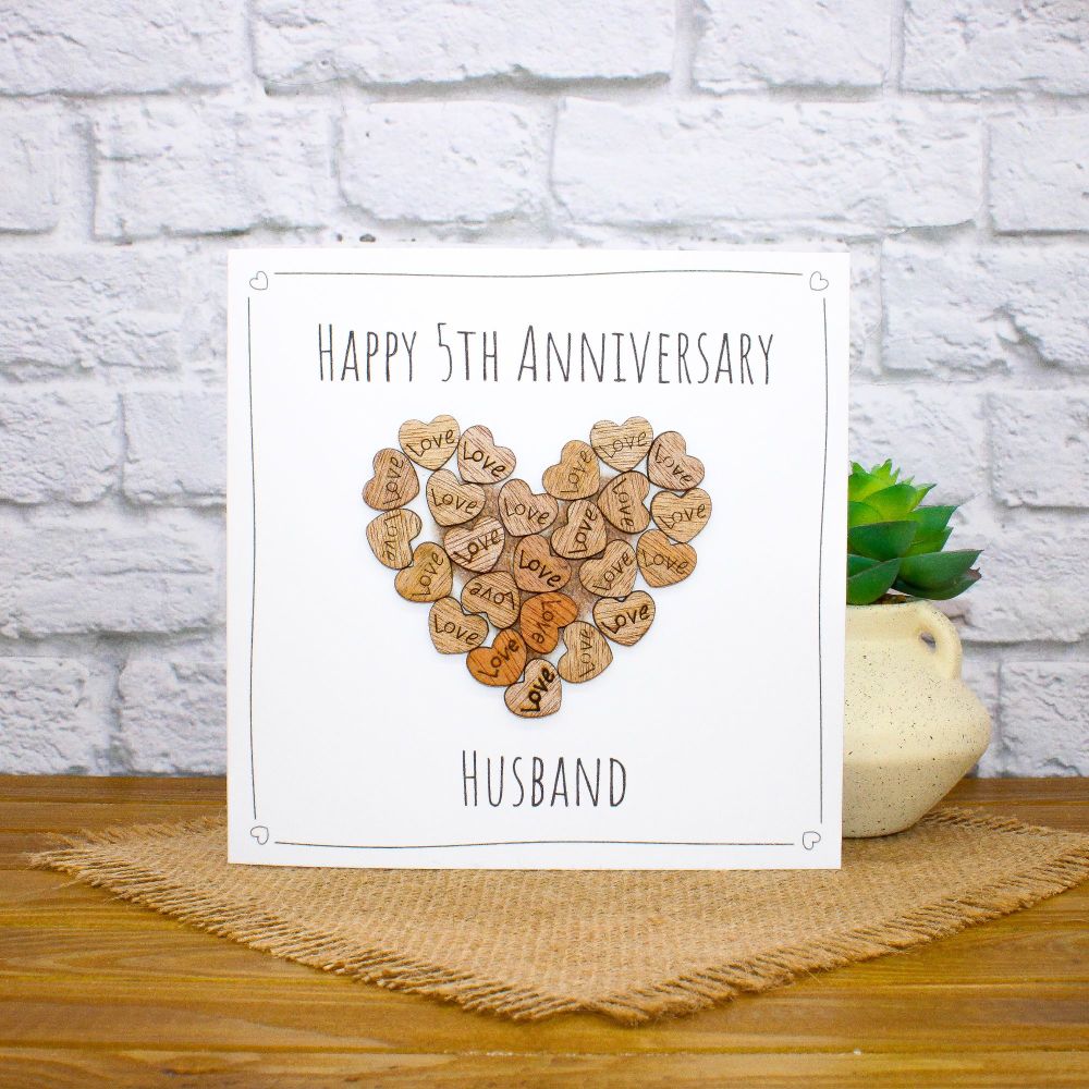 Personalised Wooden Hearts 5th Anniversary Card
