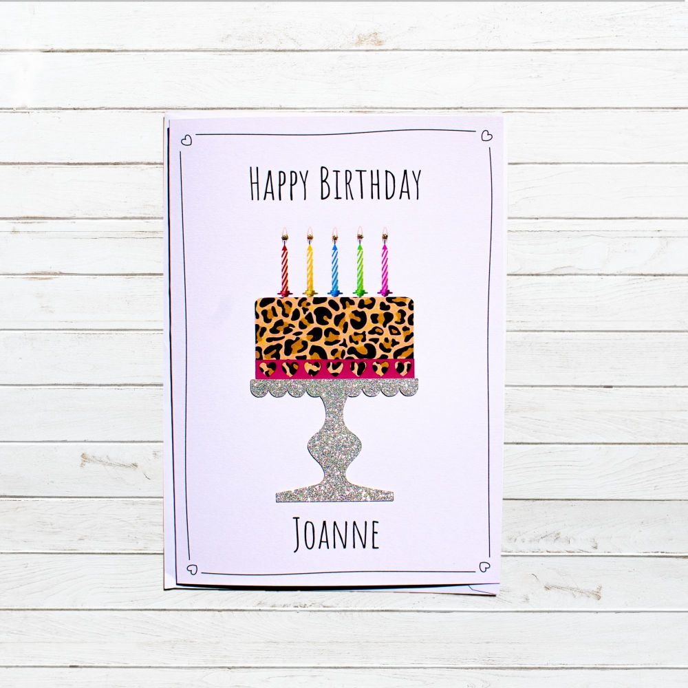 Personalised Leopard Print Cake Birthday Card