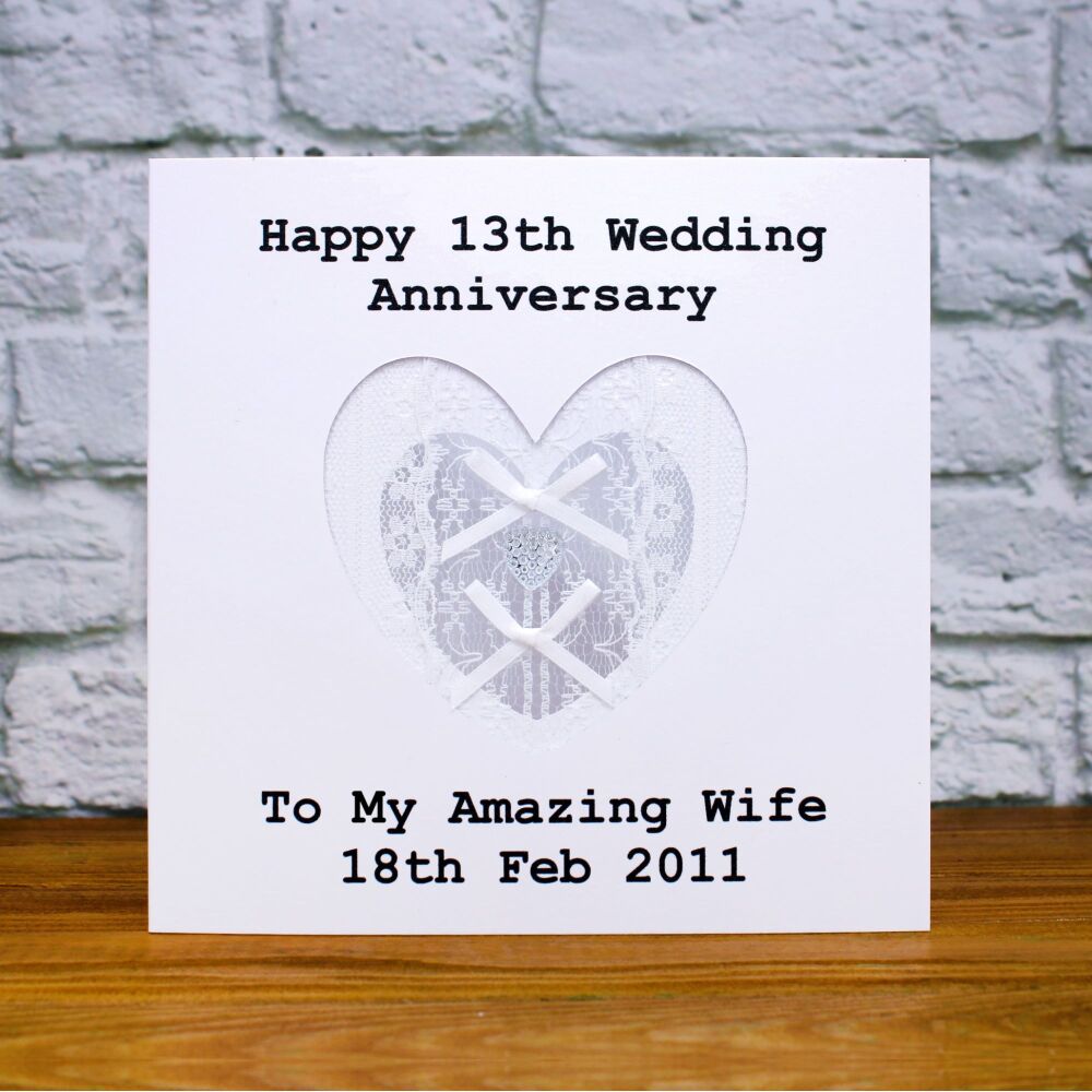 Personalised Lace Heart 13th Anniversary Card