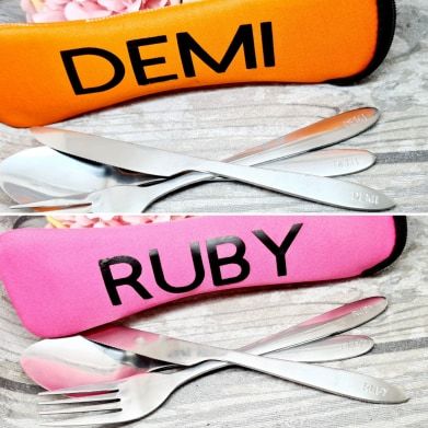 Personalised Cutlery Set - Name Spoon, Fork, Knife Set with Personalised ba
