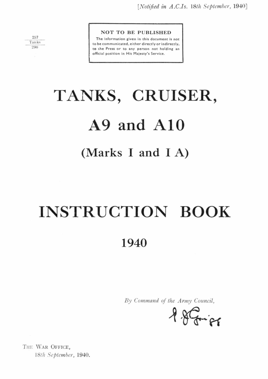 Cruiser Mk I & II (A9 & A10) Instruction Book
