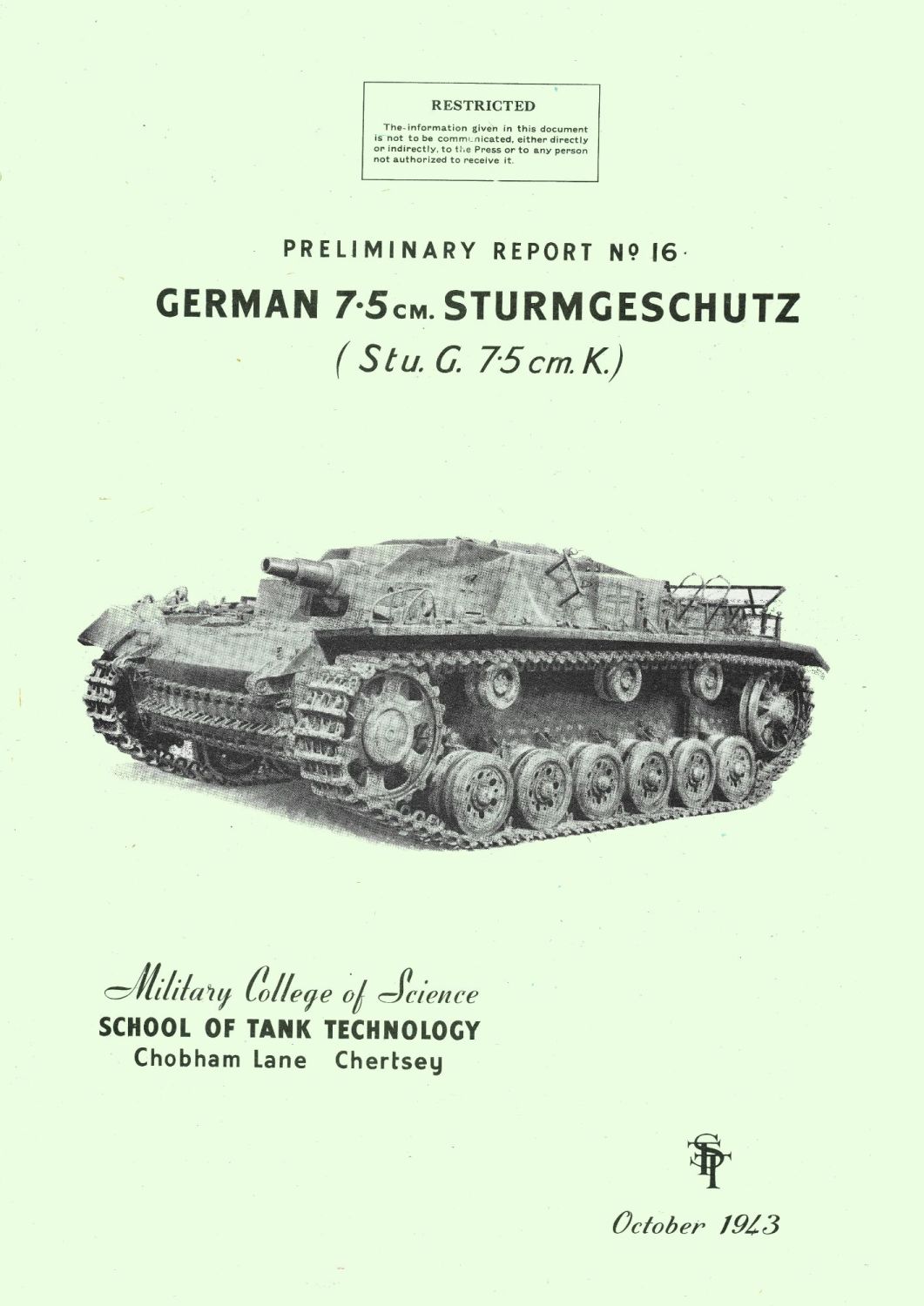 StuG 7.5cm K Assault gun STT Report No 16