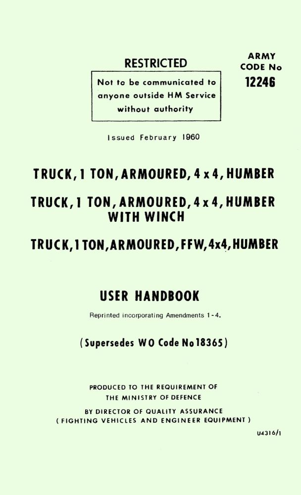 Humber Armoured Truck (Pig), 4x4 User Handbook