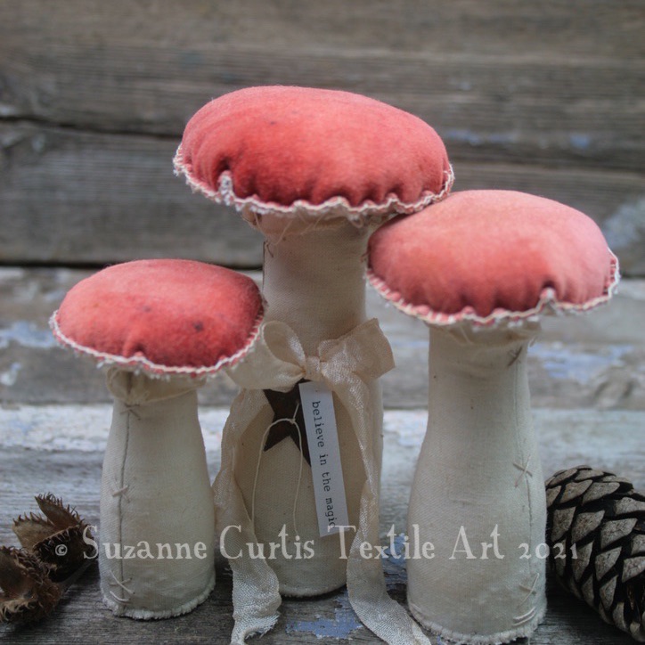 A set of three hand dyed russet velvet toadstools L