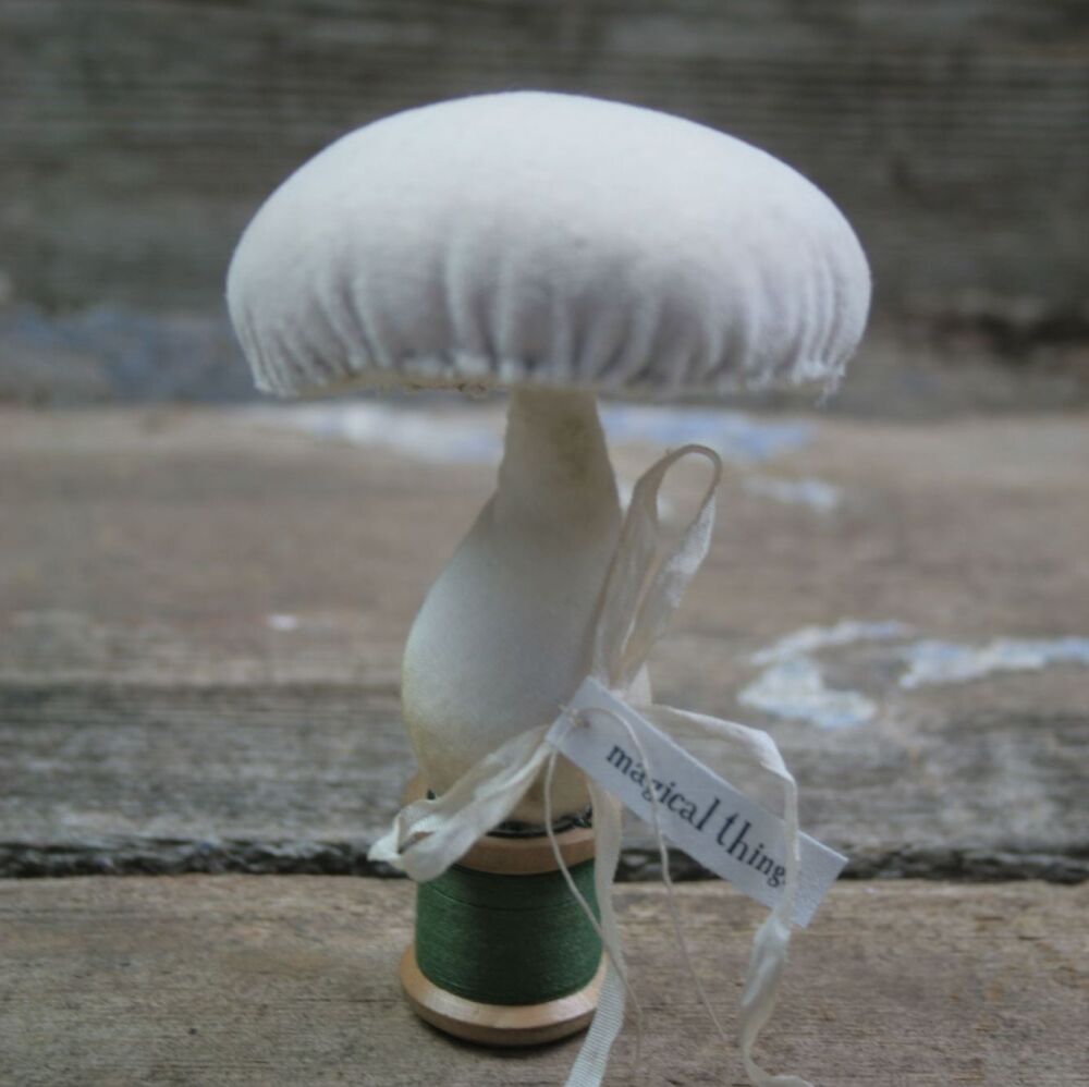 Velvet toadstool on vintage cotton spool - H