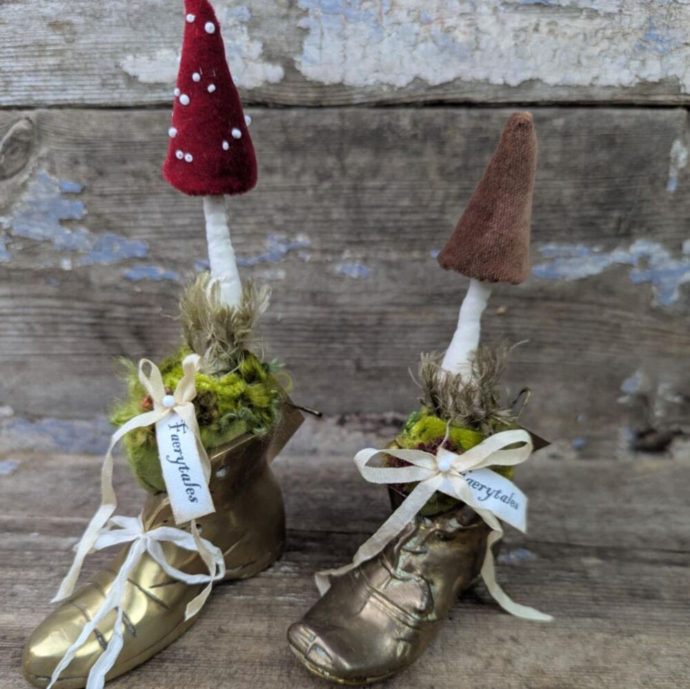 Fly Agaric and Brown Toadstool in Brass Boot