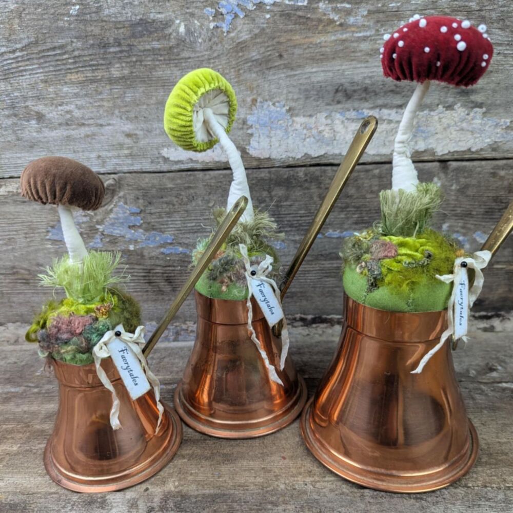 Brown Velvet Toadstool in Copper Pan