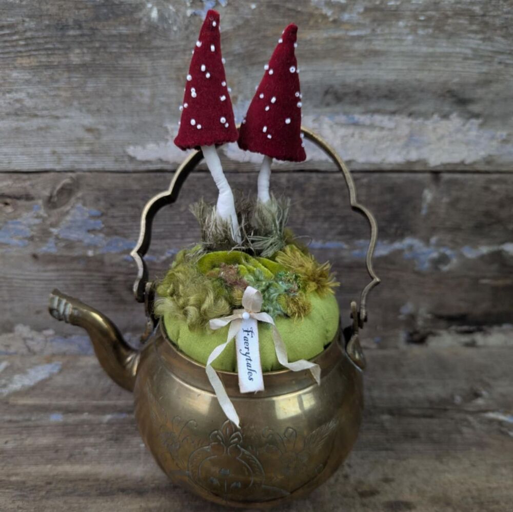 Velvet Fly Agaric Toadstools in a Vintage Brass Teapot.