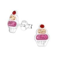 Girls Silver Crystal Cupcake Ear Studs