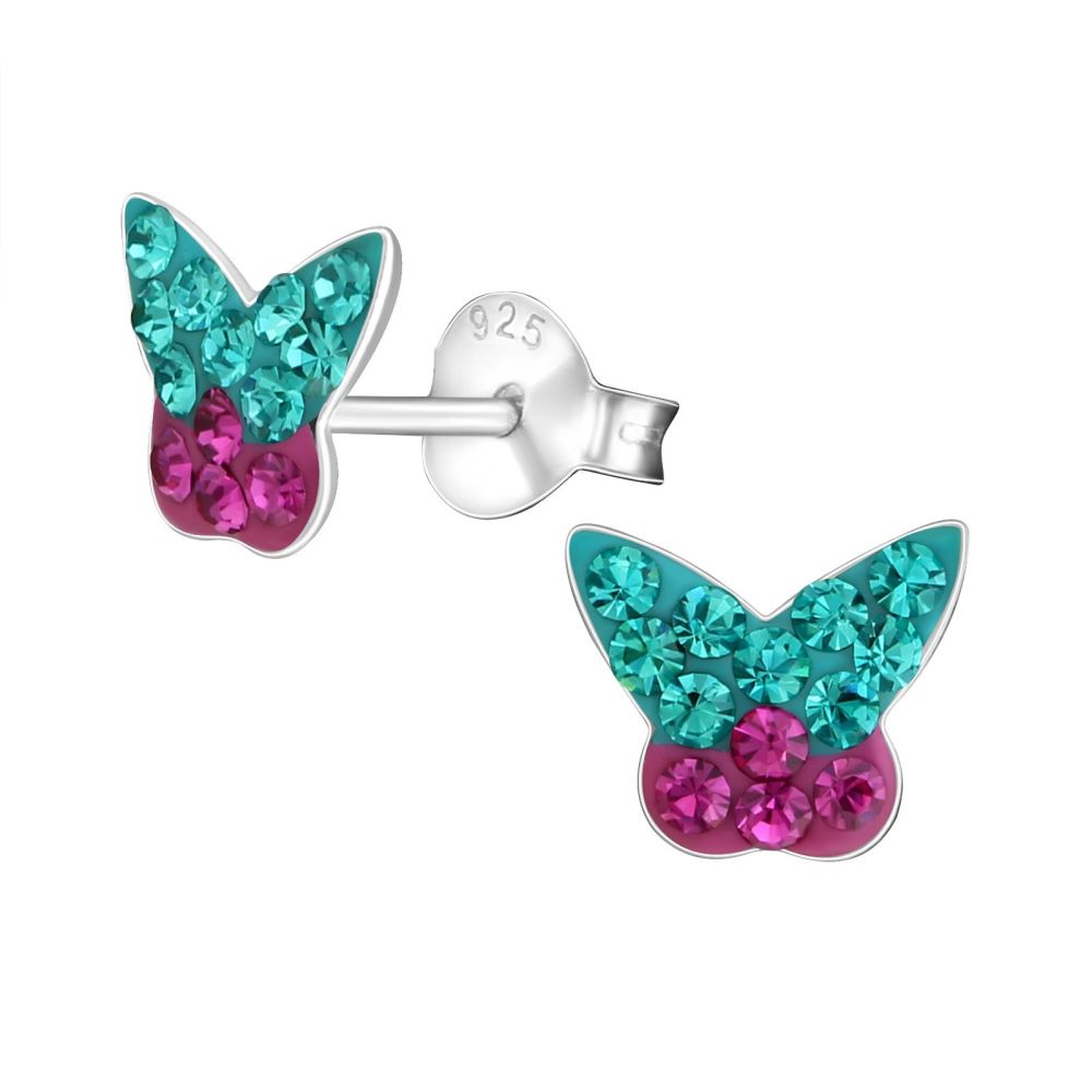 Sterling Silver Turquoise & Pink Crystal Butterfly Stud Earrings