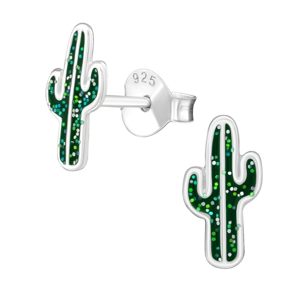 Sterling Silver Glittery Cactus Stud Earrings