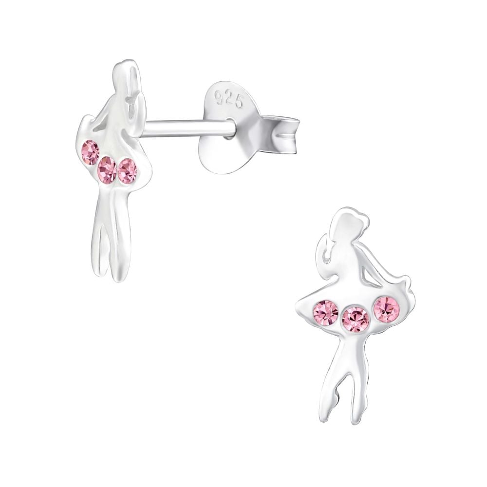 Girls Silver Ballerina Ear Studs with Pink Crystals