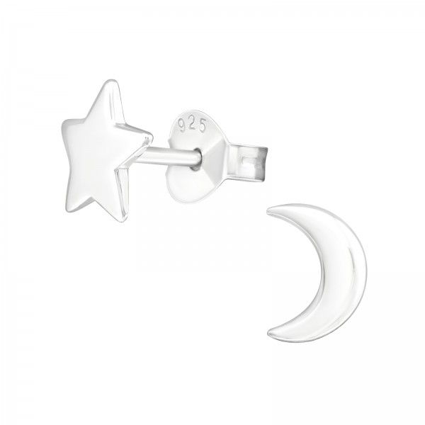 Sterling Silver Moon & Star Solid Stud Earrings