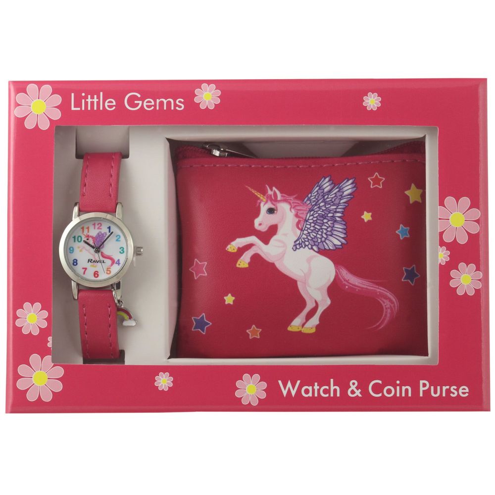 Ravel Little Gems | Girls Pink Unicorn Analogue Watch and Purse Gift Set