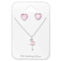 Sterling Silver Pink Ballerina Pendant Necklace & Heart Stud Earrings Set