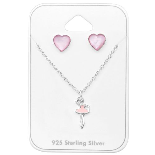 Sterling Silver Pink Ballerina Pendant Necklace & Stud Earring Set