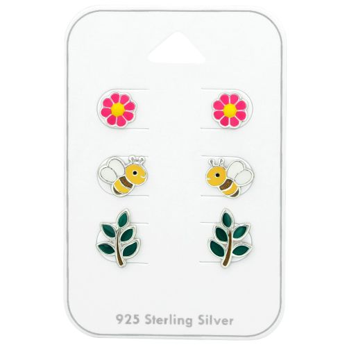 Sterling Silver Garden Novelty Mixed Enamel Stud Earrings Set