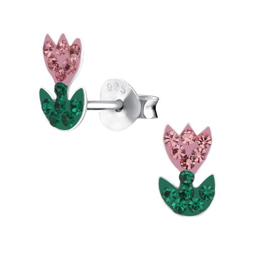 Sterling Silver Rose & Peridot Green Crystal Tulip Flower Stud Earrings