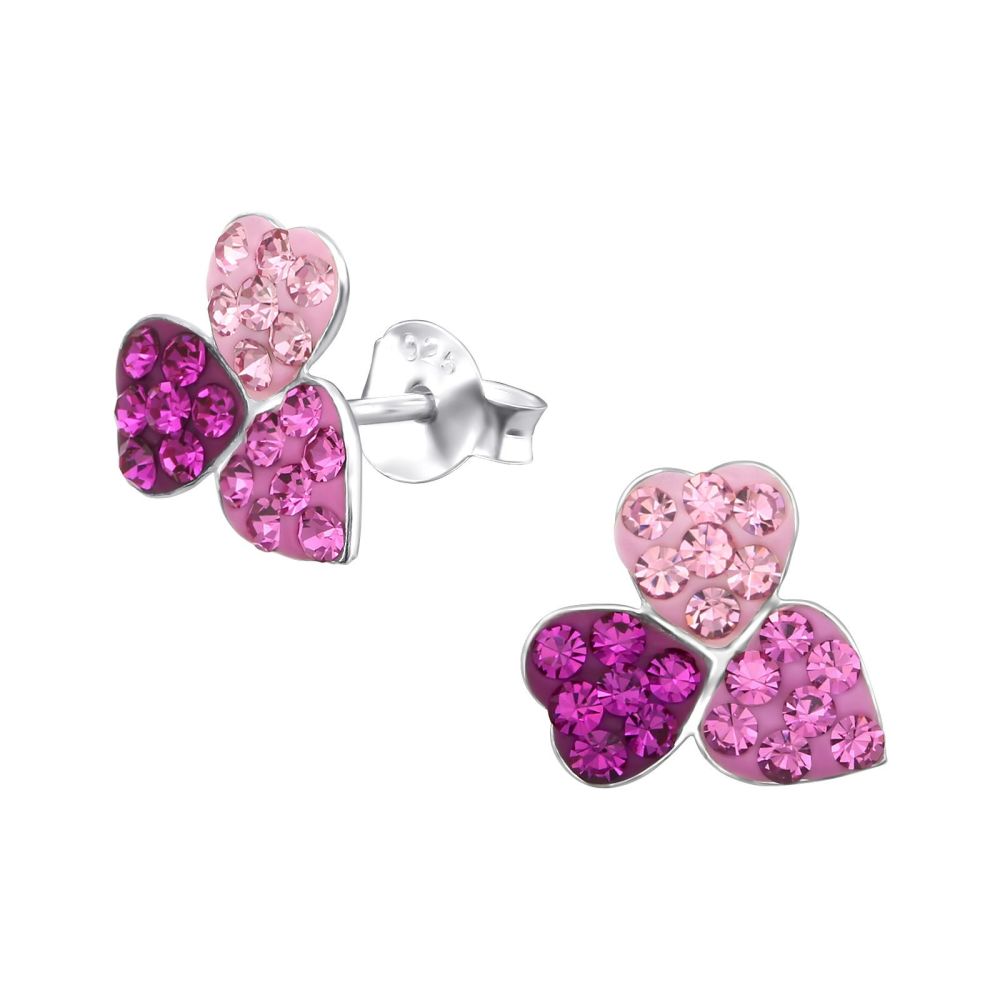 Sterling Silver Multi Pink Crystal Trio of Hearts Stud Earrings
