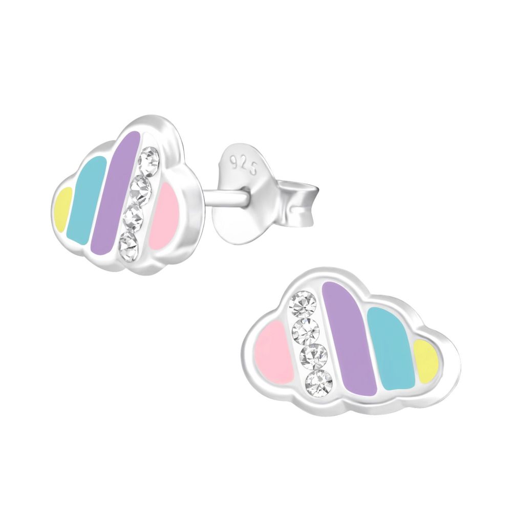 Girls Sterling Silver Pastel Cloud Ear Studs with Clear Crystals