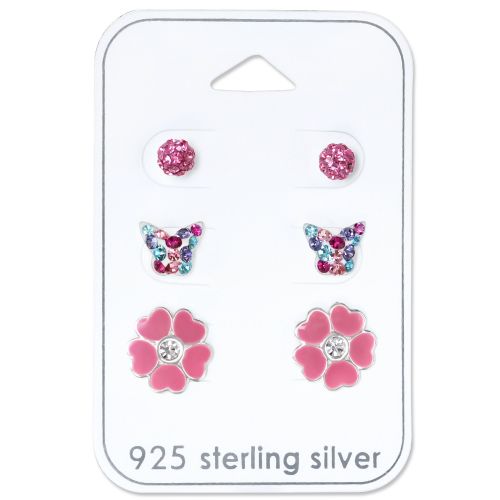 Sterling Silver Pink Butterfly Mixed Enamel & Crystal Stud Earrings Set