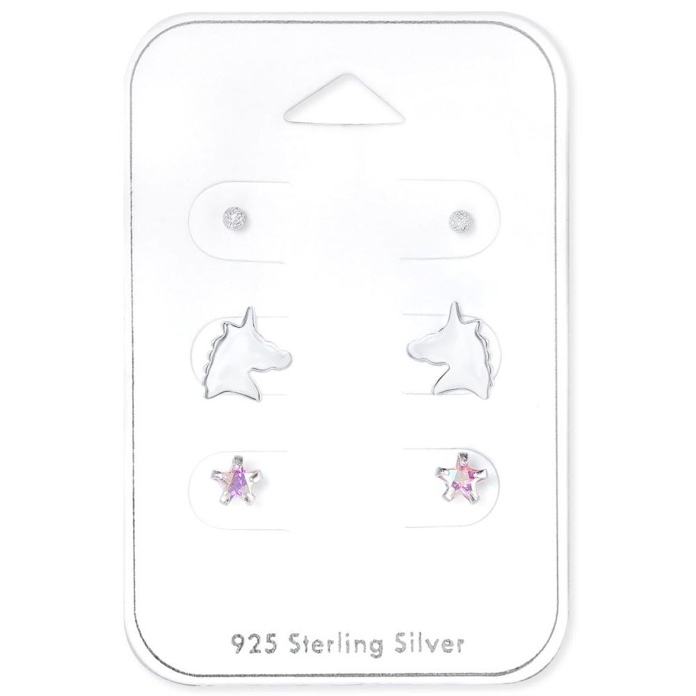 Children's Sterling Silver Unicorn Earrings Set
